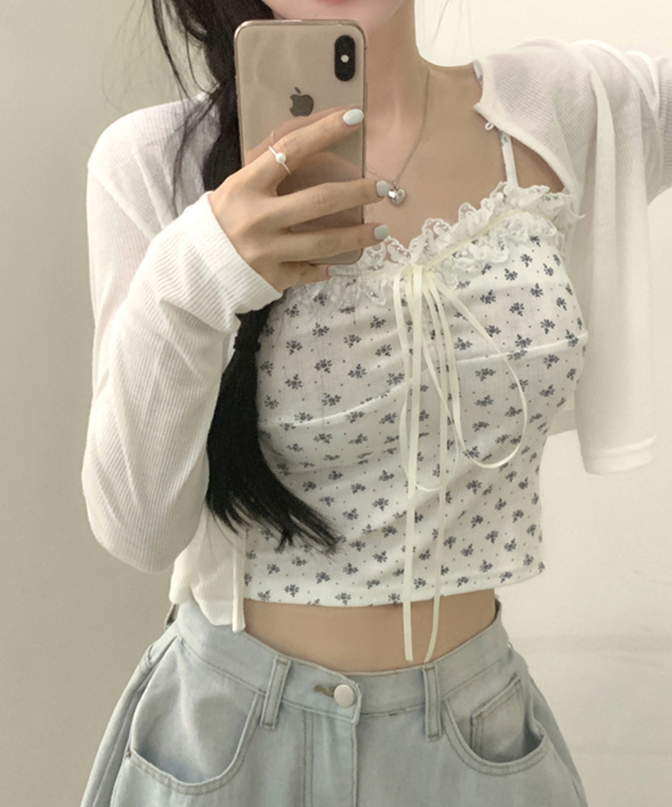 【SET】レースフラワーリボンキャミソール＋カーディガン(5color) WHITE