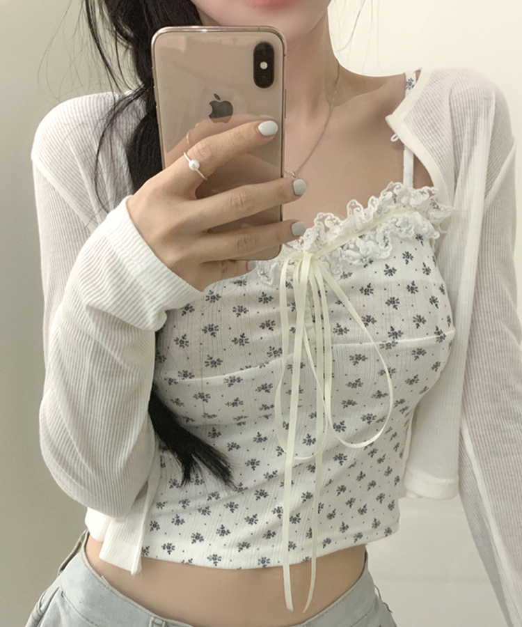【SET】レースフラワーリボンキャミソール＋カーディガン(5color) WHITE