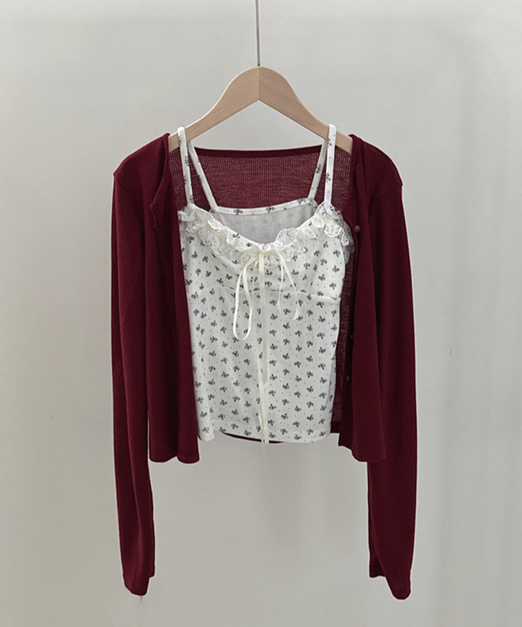 【SET】レースフラワーリボンキャミソール＋カーディガン(5color)