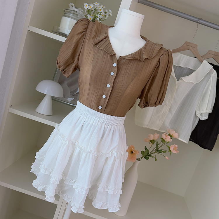 フリルカラーパフ半袖ブラウス BROWN