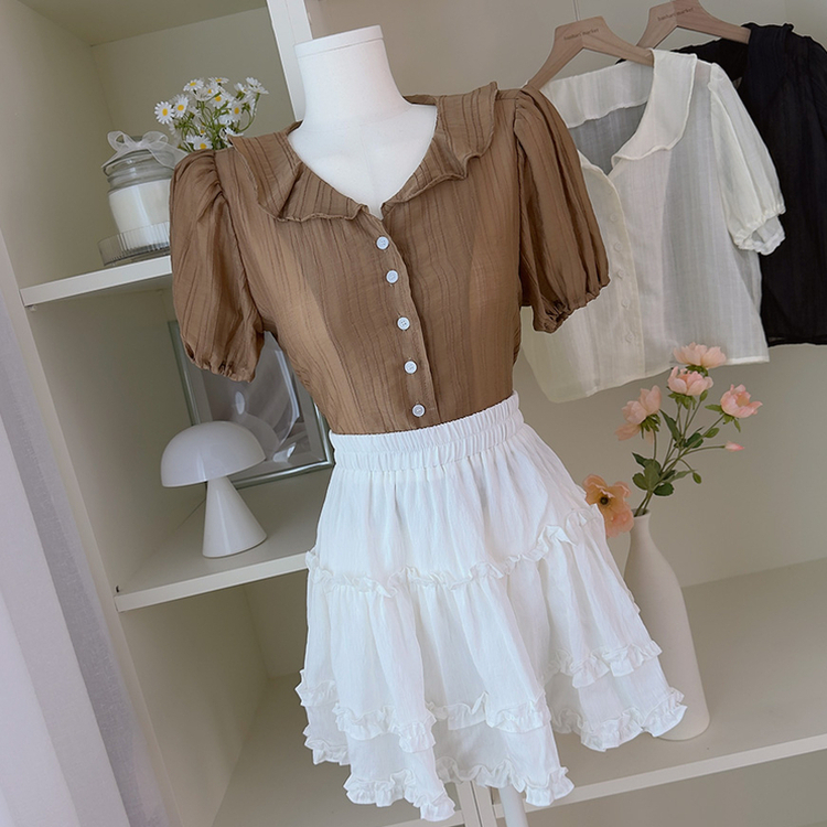 フリルカラーパフ半袖ブラウス BROWN