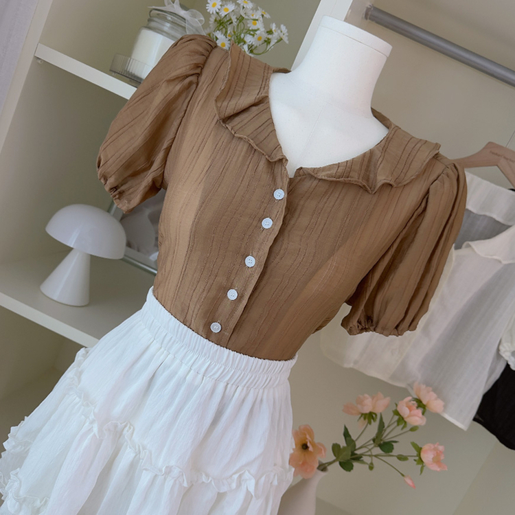 フリルカラーパフ半袖ブラウス BROWN