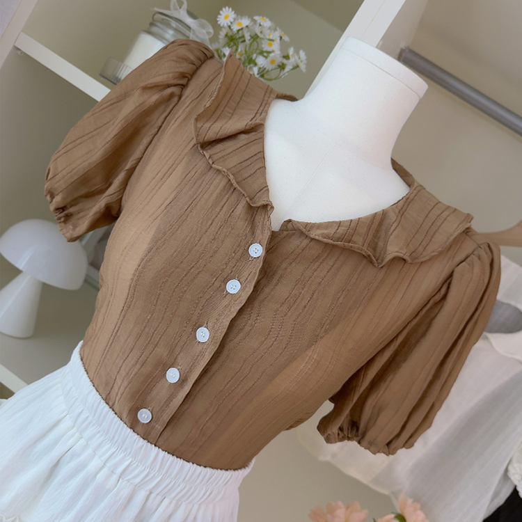 フリルカラーパフ半袖ブラウス BROWN