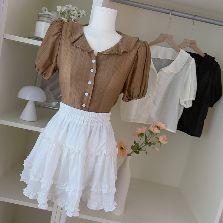 フリルカラーパフ半袖ブラウス BROWN
