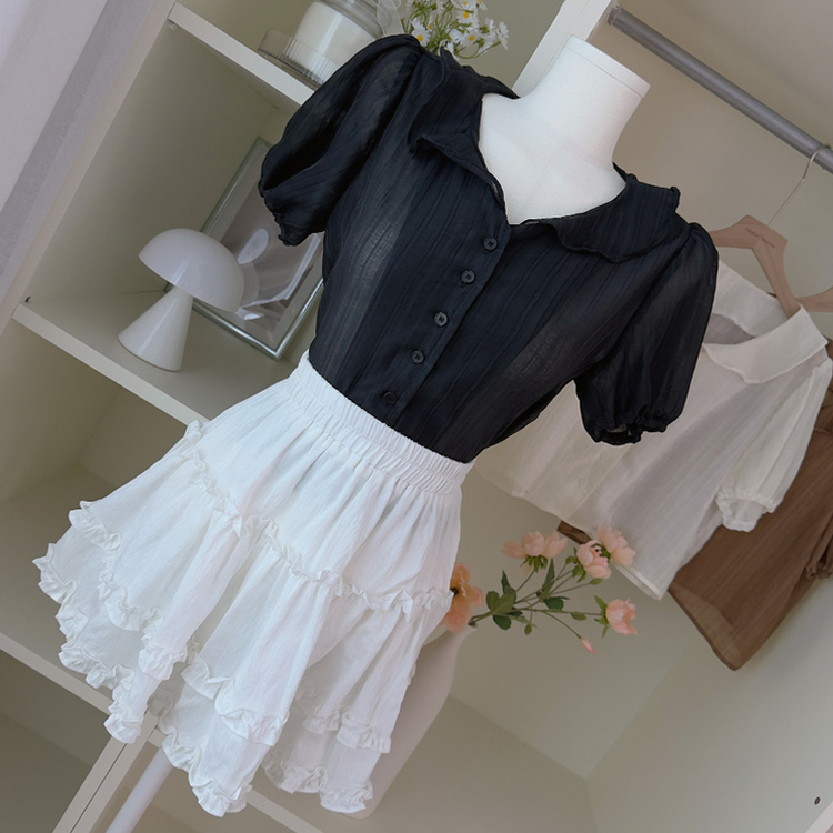 フリルカラーパフ半袖ブラウス BLACK