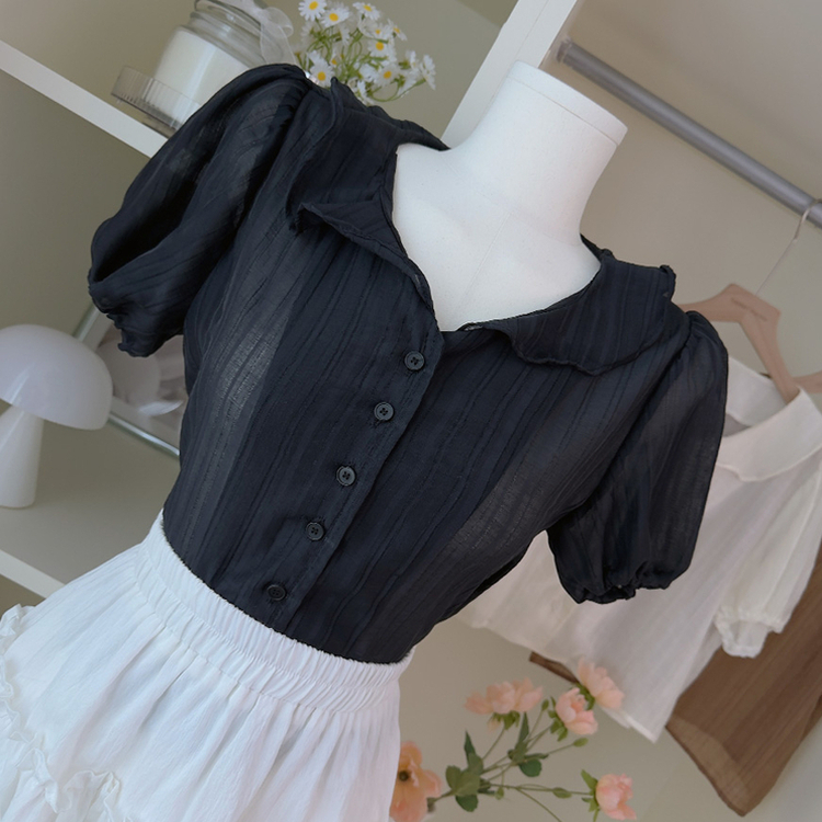 フリルカラーパフ半袖ブラウス BLACK