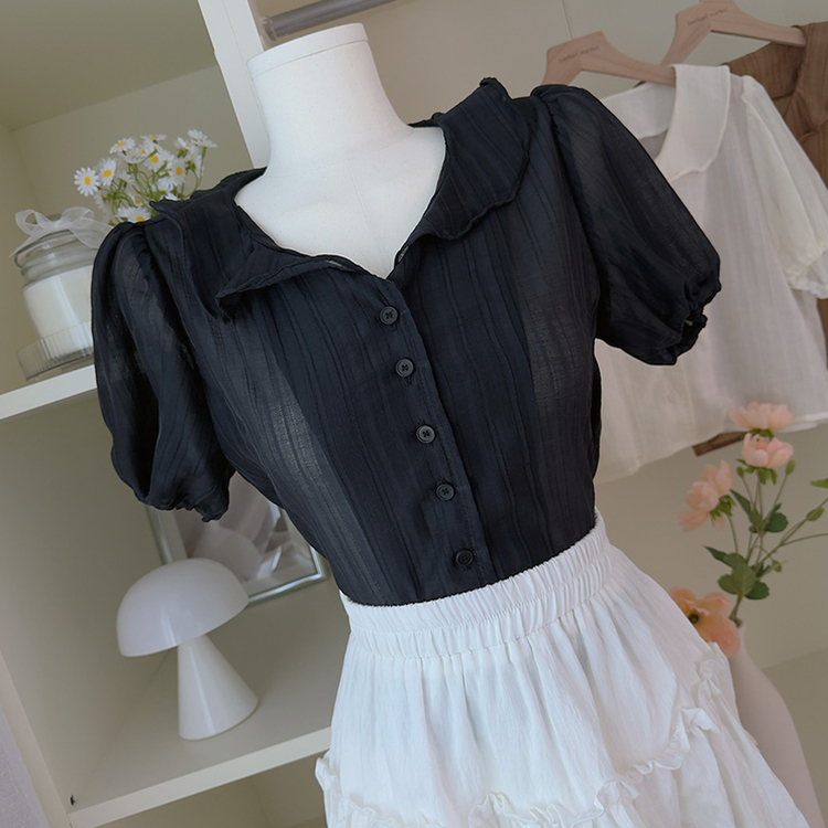 フリルカラーパフ半袖ブラウス BLACK