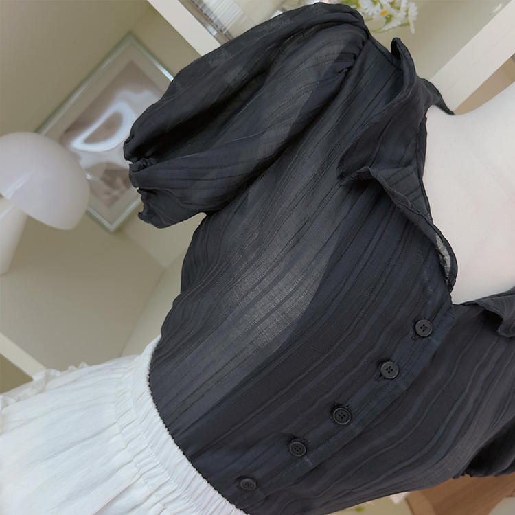 フリルカラーパフ半袖ブラウス BLACK