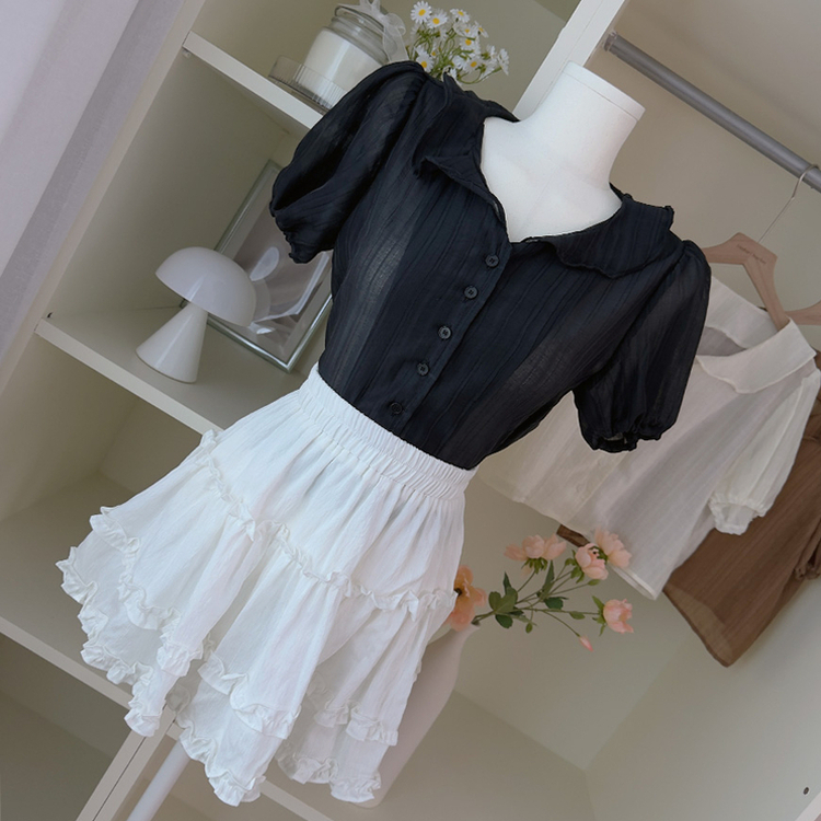 フリルカラーパフ半袖ブラウス BLACK