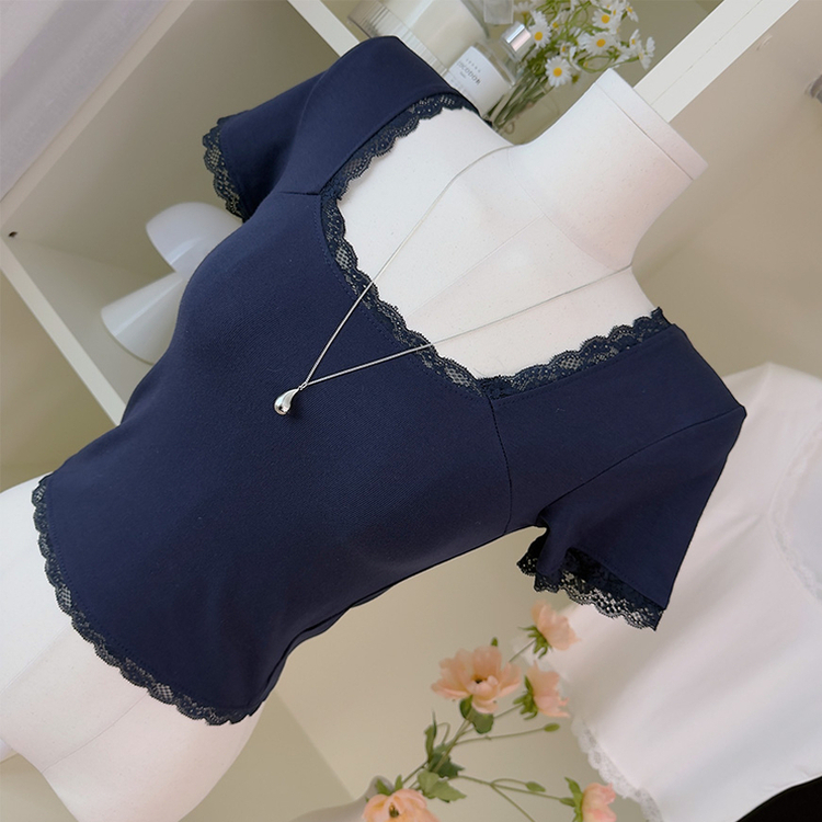 レーススリム肩パッド内蔵Tシャツ NAVY