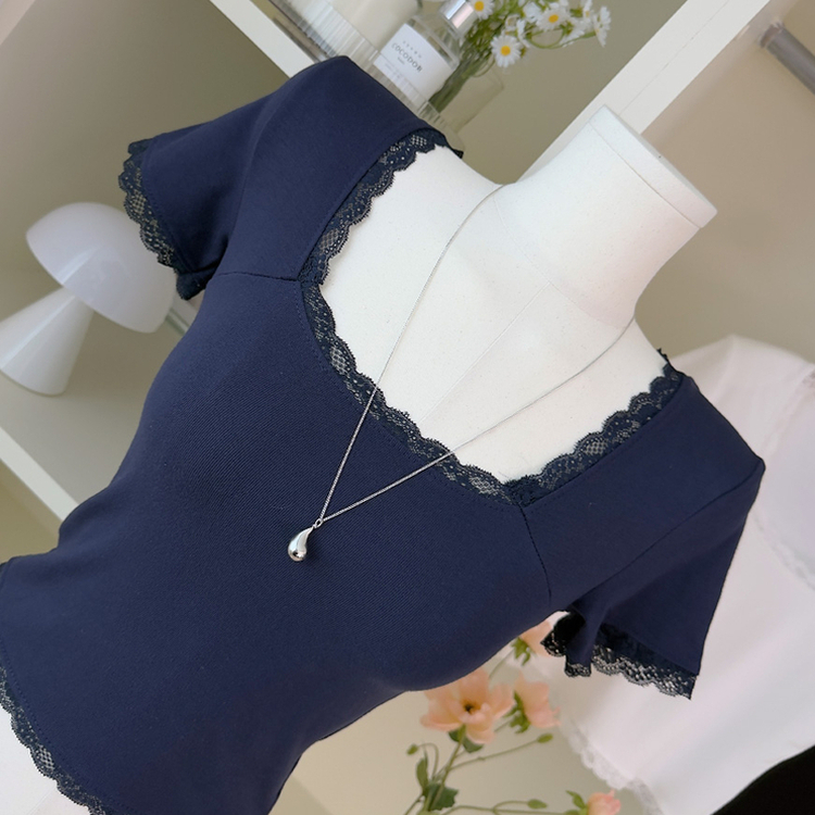 レーススリム肩パッド内蔵Tシャツ NAVY