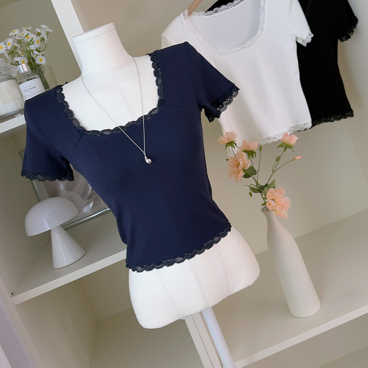 レーススリム肩パッド内蔵Tシャツ NAVY