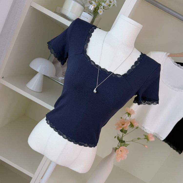 レーススリム肩パッド内蔵Tシャツ NAVY