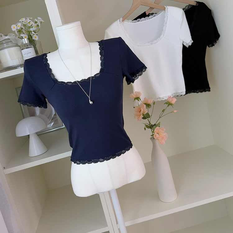 レーススリム肩パッド内蔵Tシャツ NAVY