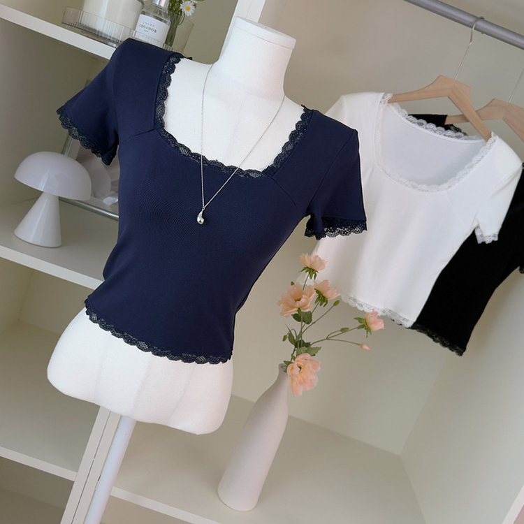 レーススリム肩パッド内蔵Tシャツ NAVY