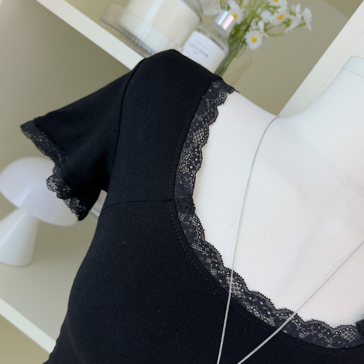 レーススリム肩パッド内蔵Tシャツ BLACK