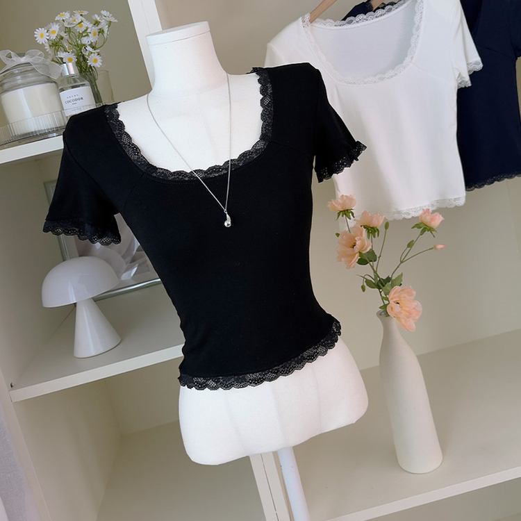 レーススリム肩パッド内蔵Tシャツ BLACK