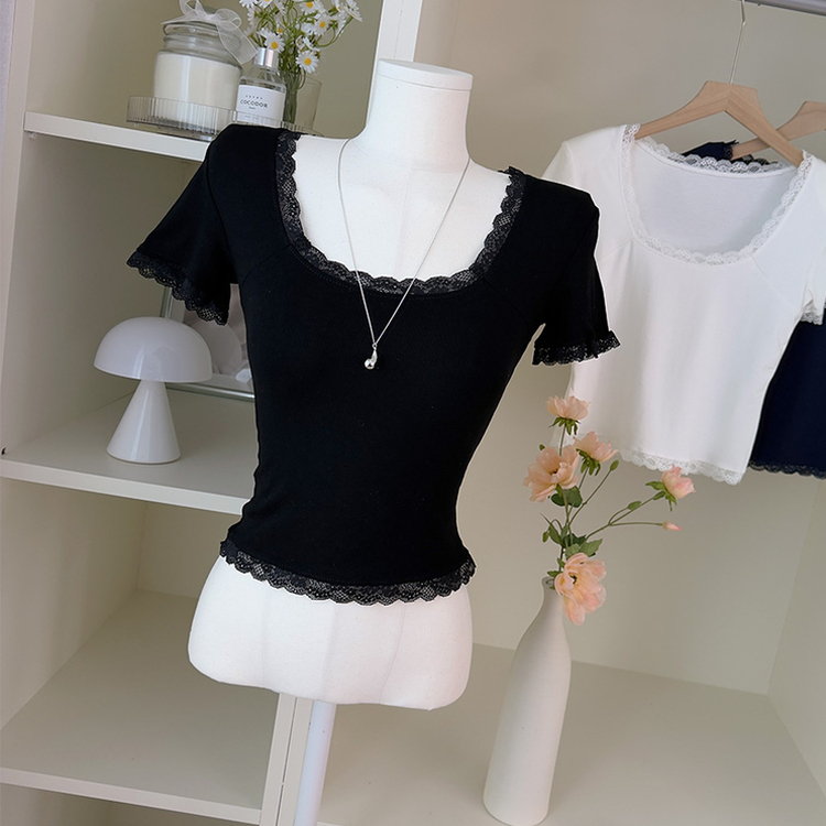 レーススリム肩パッド内蔵Tシャツ BLACK