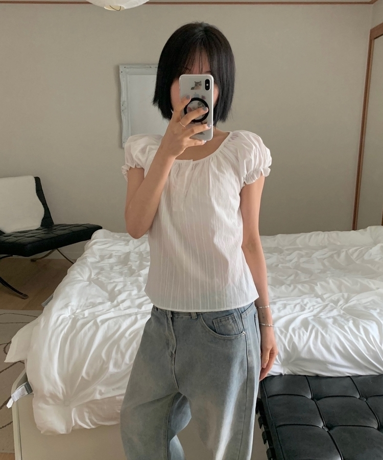 ミニフリルバフ半袖ブラウス IVORY