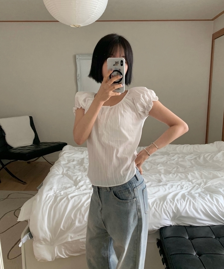 ミニフリルバフ半袖ブラウス IVORY