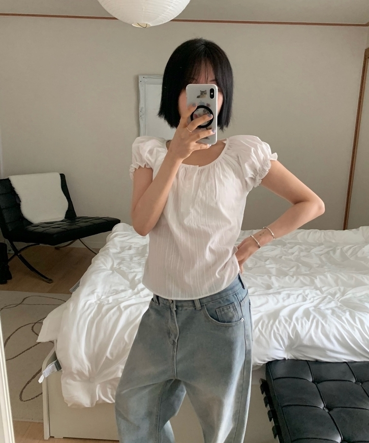 ミニフリルバフ半袖ブラウス IVORY