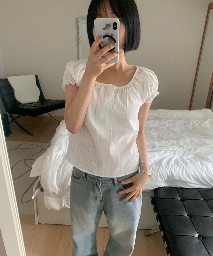 ミニフリルバフ半袖ブラウス IVORY