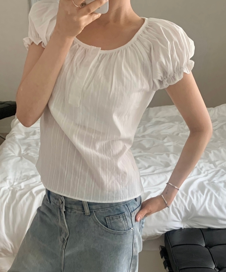 ミニフリルバフ半袖ブラウス IVORY