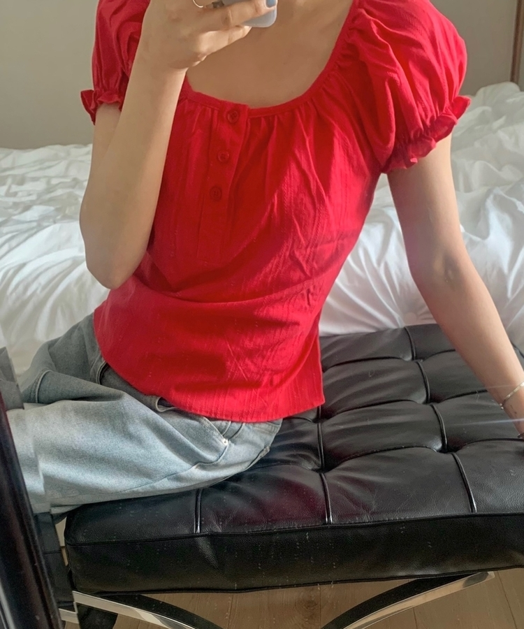 ミニフリルバフ半袖ブラウス RED
