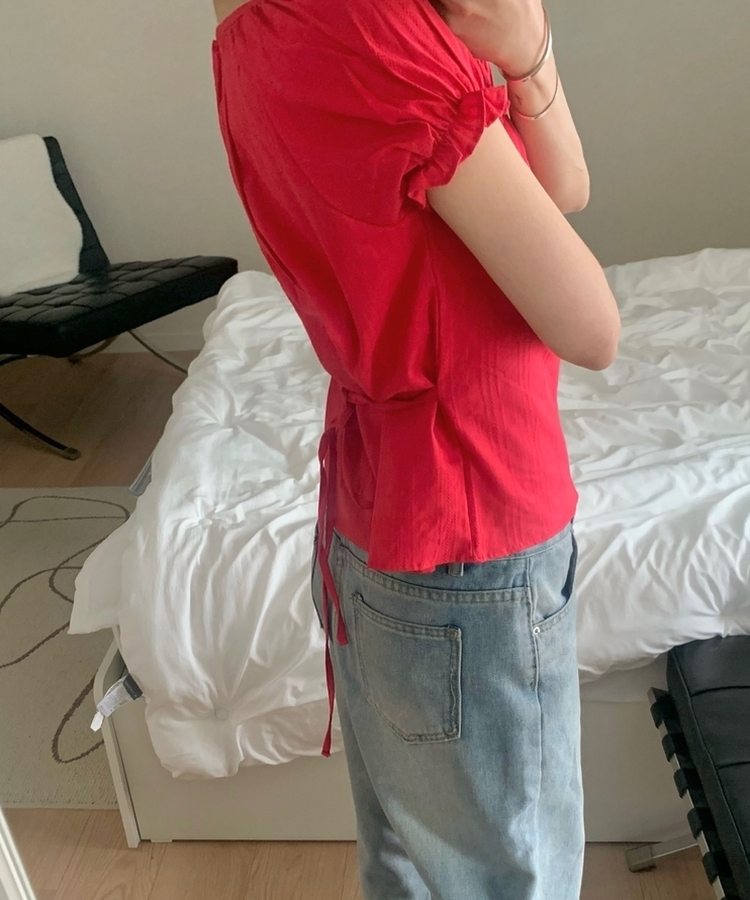 ミニフリルバフ半袖ブラウス RED