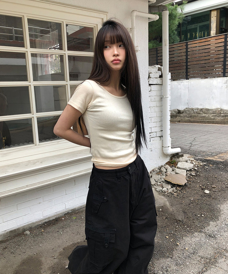 Uネックスリムラウンド半袖Tシャツ(11color) IVORY