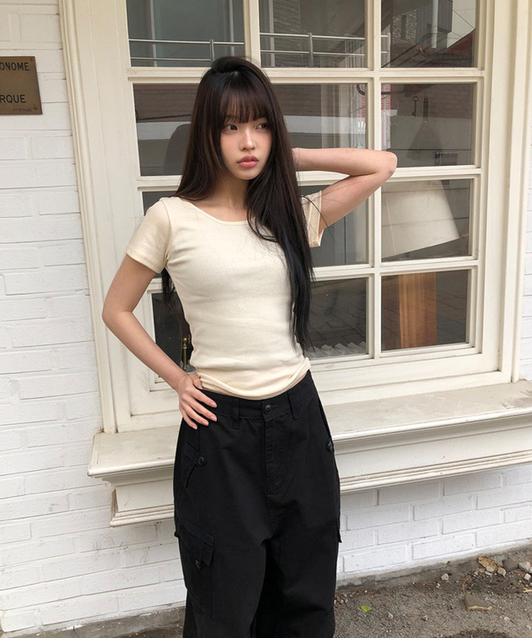 Uネックスリムラウンド半袖Tシャツ(11color) IVORY