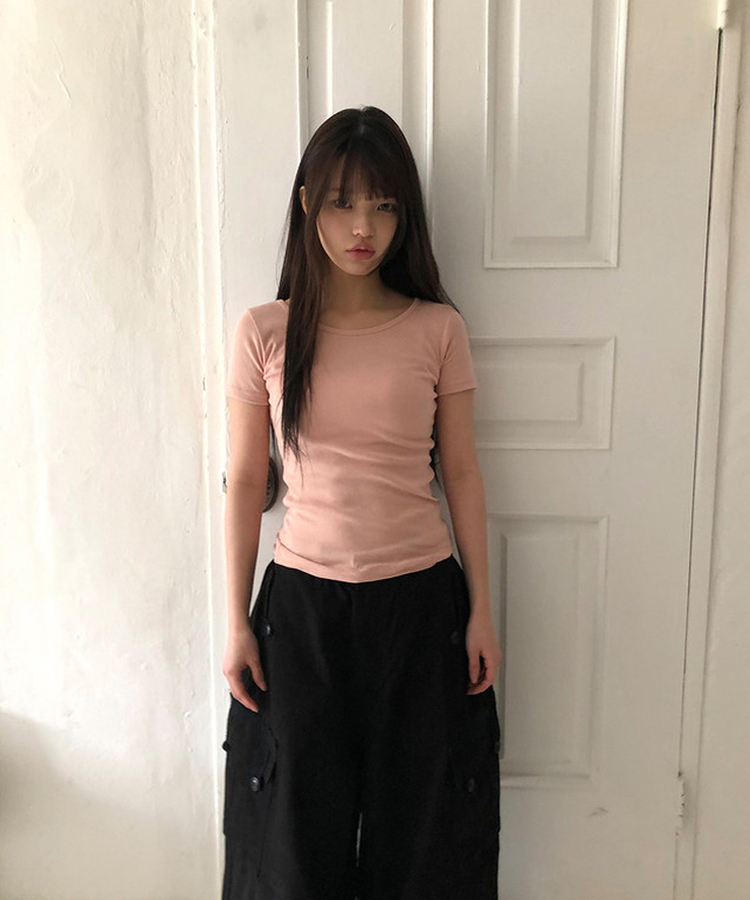 Uネックスリムラウンド半袖Tシャツ(11color) PINK