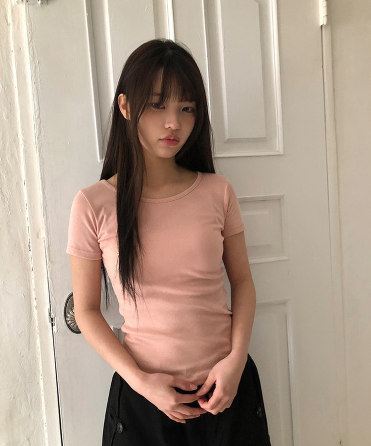 Uネックスリムラウンド半袖Tシャツ(11color) PINK