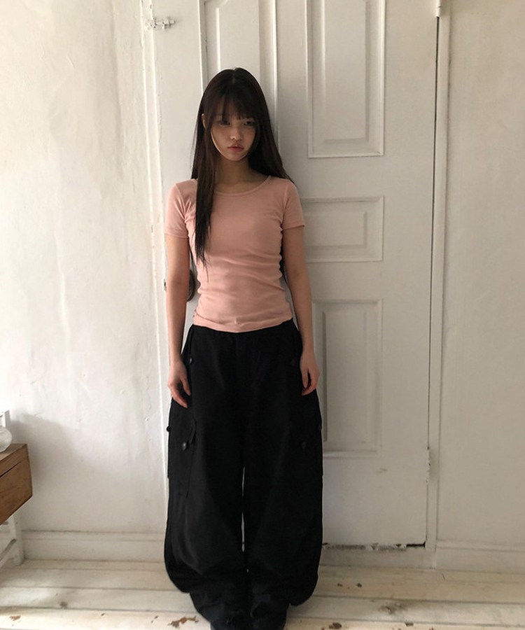 Uネックスリムラウンド半袖Tシャツ(11color) PINK