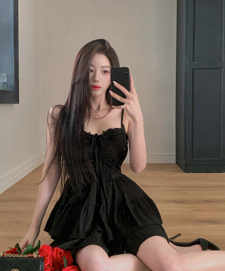 リボンフレアキャミソールミニワンピース BLACK