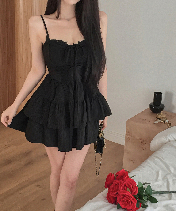 リボンフレアキャミソールミニワンピース BLACK