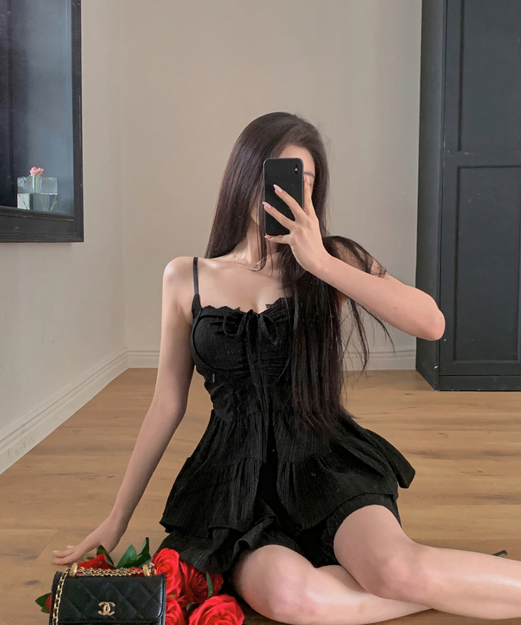 リボンフレアキャミソールミニワンピース BLACK