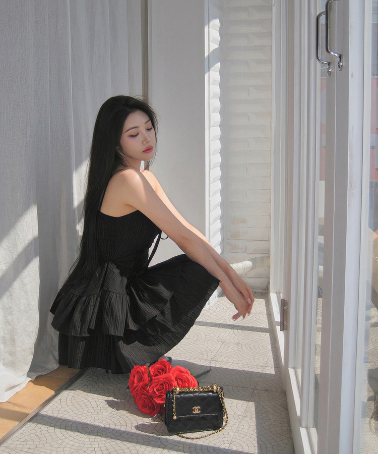 リボンフレアキャミソールミニワンピース BLACK