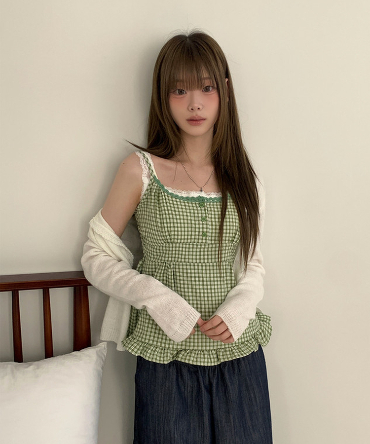 フリルチェックキャミソールブラウス GREEN