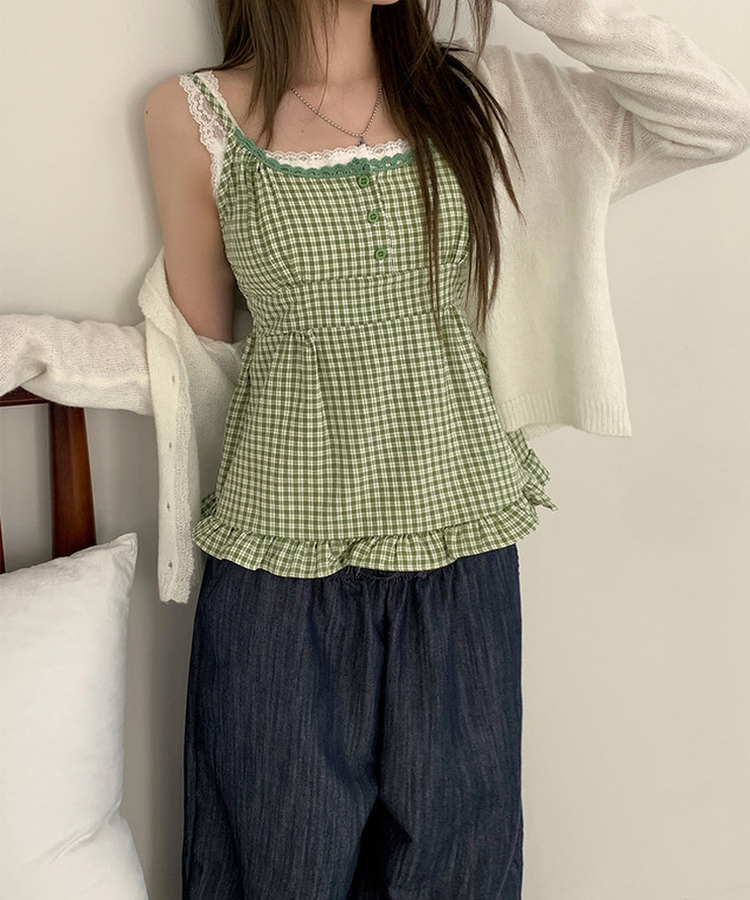 フリルチェックキャミソールブラウス GREEN