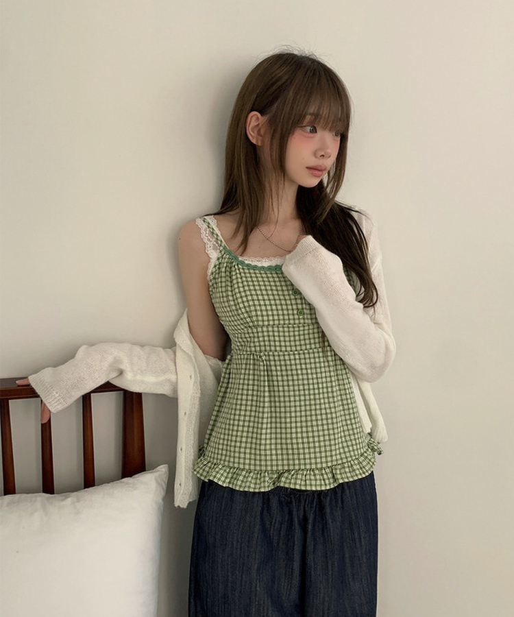 フリルチェックキャミソールブラウス GREEN