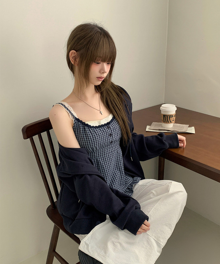 フリルチェックキャミソールブラウス NAVY