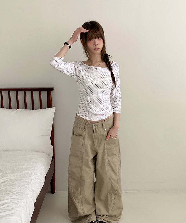 スリム7分丈ドット長袖Tシャツ IVORY