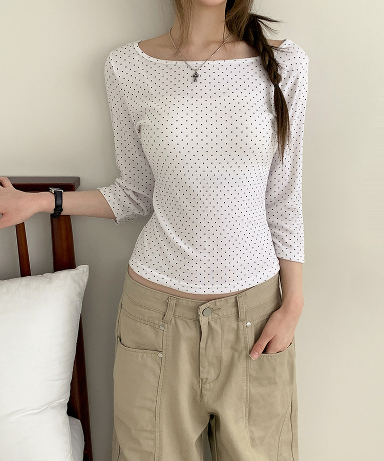 スリム7分丈ドット長袖Tシャツ IVORY