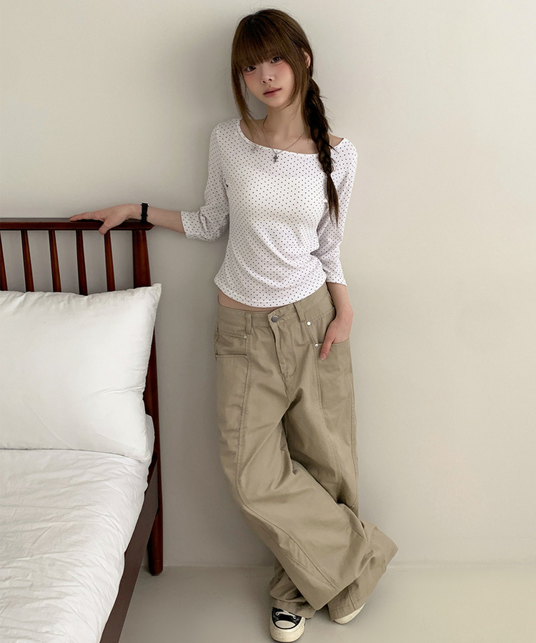 スリム7分丈ドット長袖Tシャツ IVORY