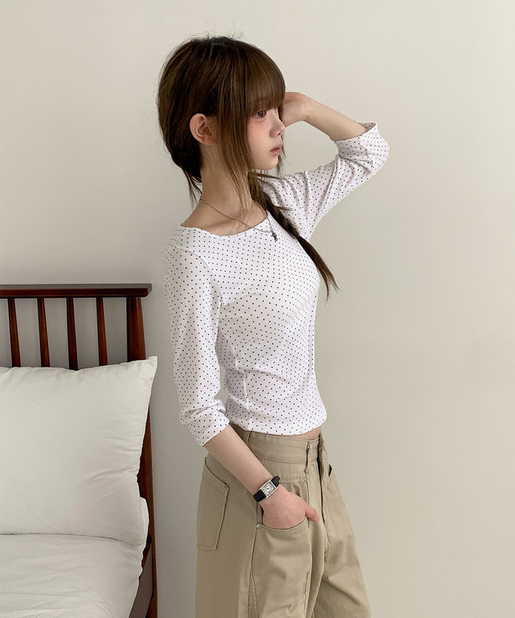 スリム7分丈ドット長袖Tシャツ IVORY