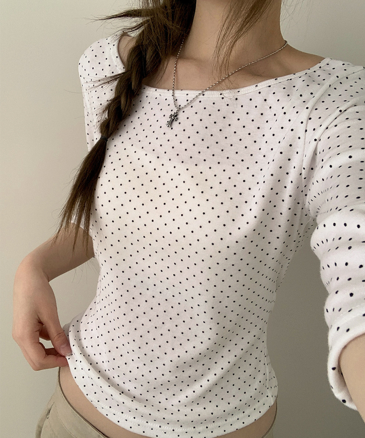スリム7分丈ドット長袖Tシャツ IVORY