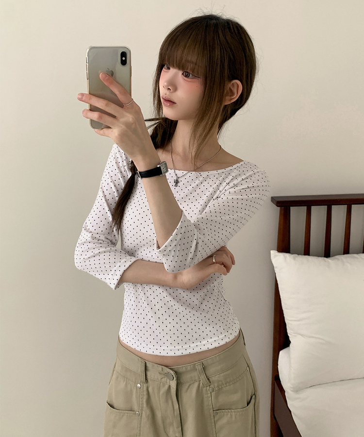 スリム7分丈ドット長袖Tシャツ IVORY