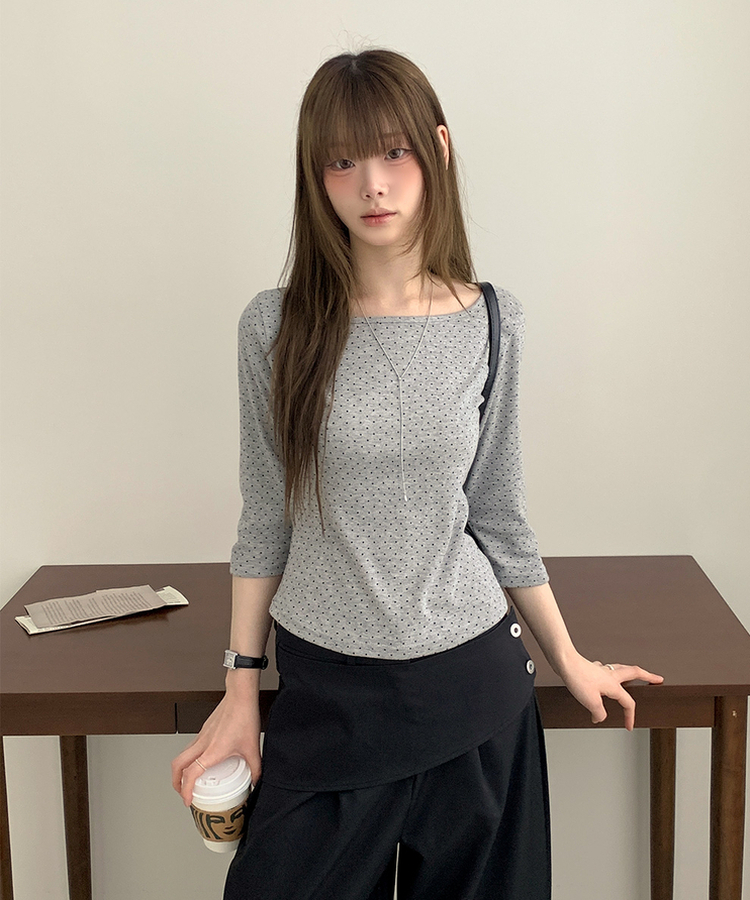 スリム7分丈ドット長袖Tシャツ GREY