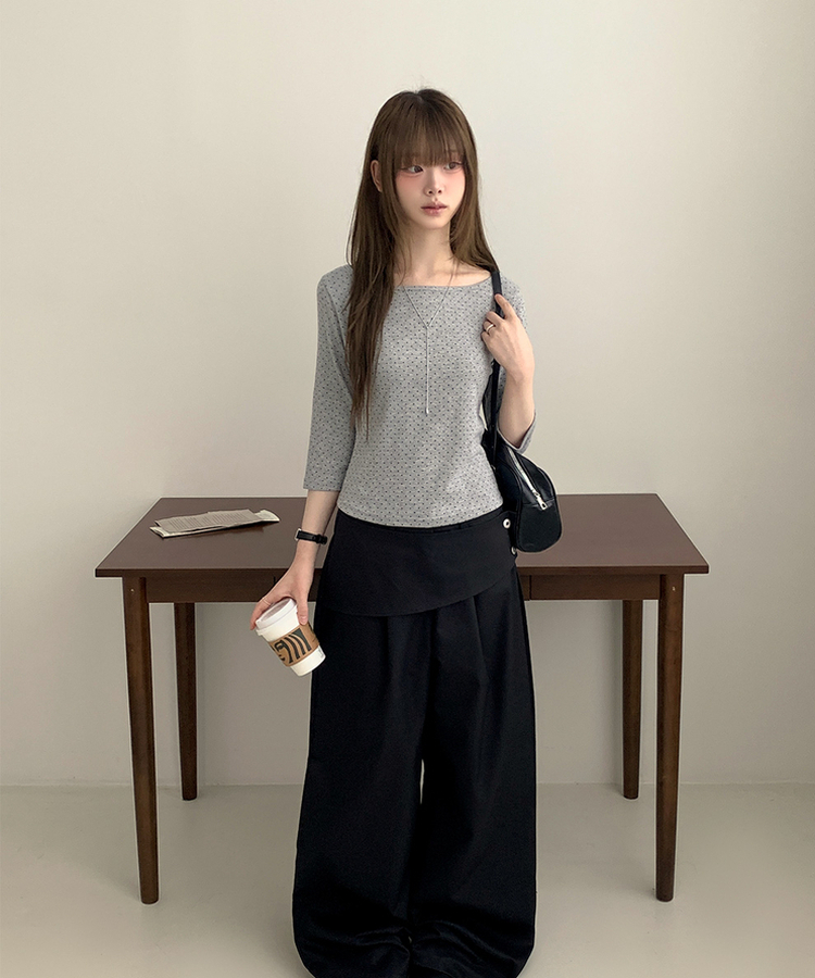 スリム7分丈ドット長袖Tシャツ GREY